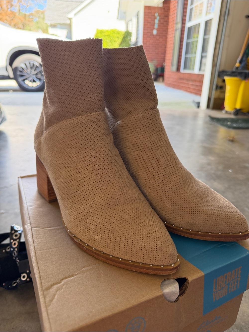 Beige Perforated Suede Ankle Booties with Studded Trim